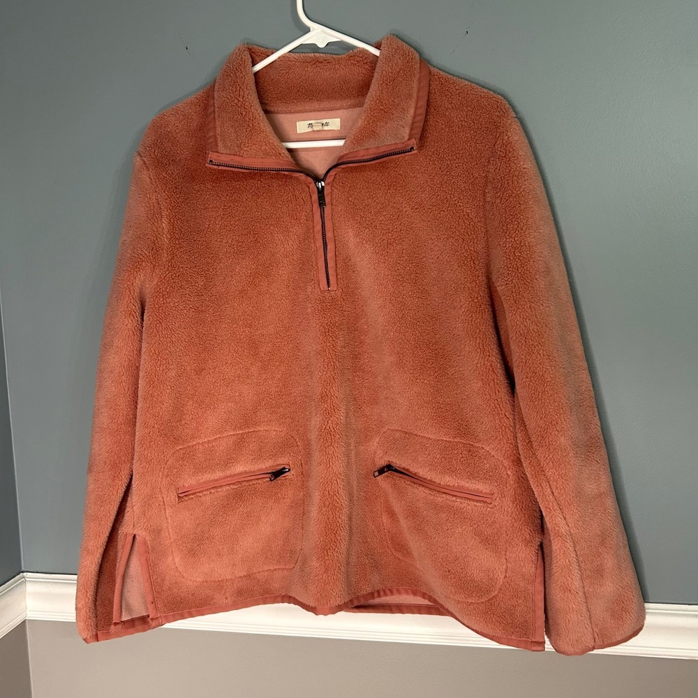 Madewell Womens Sherpa Fleece Quarter Zip Pullover Rose Pink Terracotta Large
